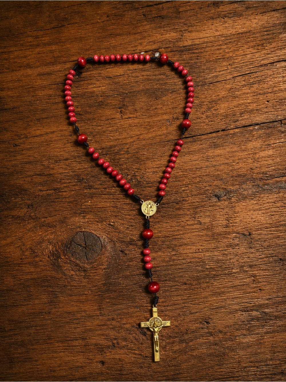 NWOT - Hand Made Red Beaded Rosary Necklace with Gold Crucifix
